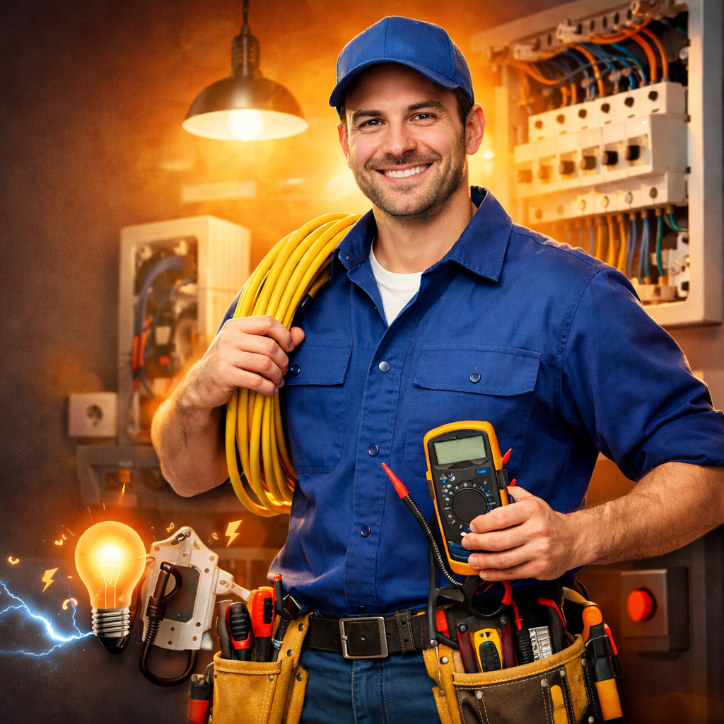 Eletricista em Balneário Camboriú realizando manutenção elétrica com ferramentas e inspeção