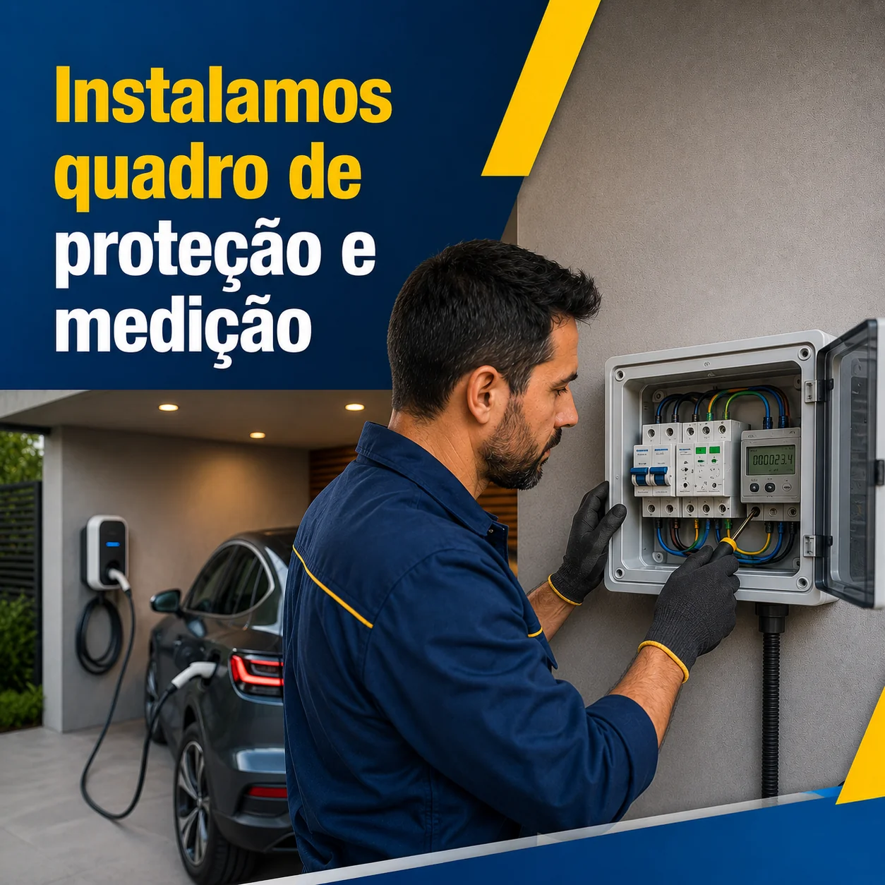 Instalação de quadro elétrico com disjuntores e proteções para circuito de carregamento veicular